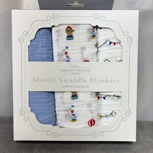 Muslin Swaddle Baby Blankets Circus Set of 3 Cotton Manhattan Kids Vintage New